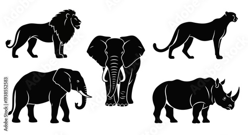 African Safari Animals Silhouettes Set - Lion, Elephant, Cheetah, Rhinoceros