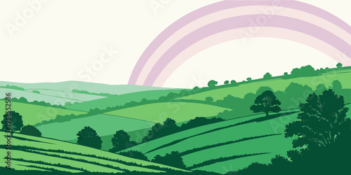 A green landscape with a rainbow in the background Vector