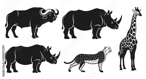 African Safari Animals Silhouettes Set: Buffalo, Rhino, Giraffe, Cheetah