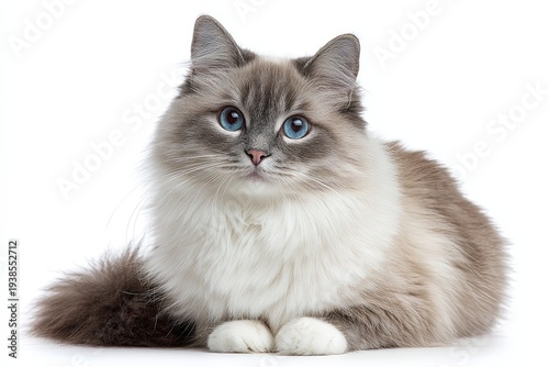 A beautiful Ragdoll cat, a symbol of serenity and elegance, rests in a studio, its striking blue eyes capturing your attention.
