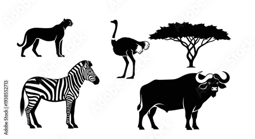 African Wildlife Animals Silhouettes Set with Safari Tree