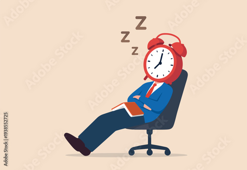 Afternoon slump, laziness and procrastination postpone work to do later, boredom and sleepy work concept, businessman sleeping lay down on office chair and alarm clock covered his face with book.