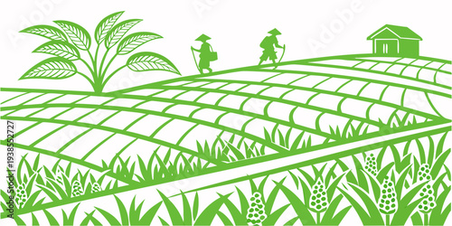 A green illustration of a rice field with a farmer and a hut Vector
