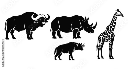 African Wildlife Silhouettes: Buffalo, Rhinoceros, Wildebeest, and Giraffe Vector Set