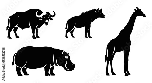 African Wildlife Silhouettes: Buffalo, Hyena, Hippo, Giraffe Vector Art