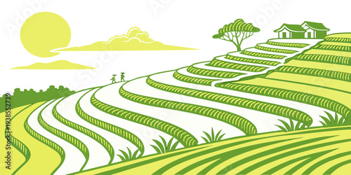 A green and yellow landscape with a sun and trees Vector