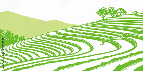 A green field with a hill and trees in the background Vector