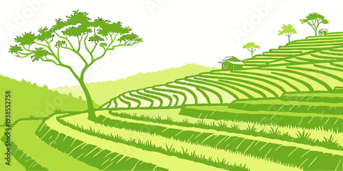 A green landscape with a tree and a field Vector