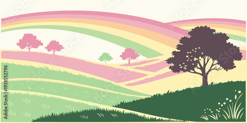 A tree on a hill with a rainbow in the background Vector