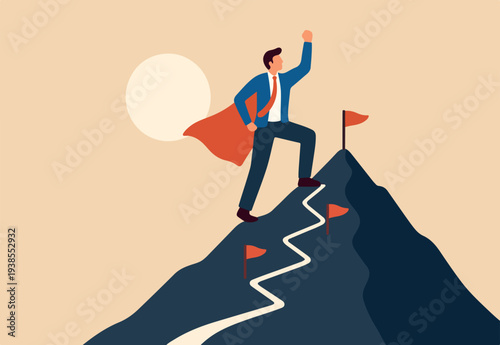 Success journey, milestone to reach goal, challenge or achievement, business progress or growth to succeed, climbing mountain mission concept, success businessman winner on hilltop milestone path