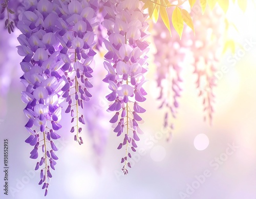 delicate wisteria flowers hanging from above,_soft spring sunlight