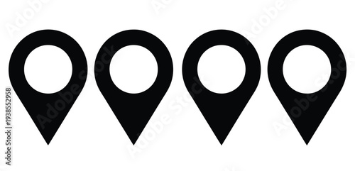 Location pin icon set, map pin place marker pointer symbol, navigation location marker, GPS destination sign, and route direction concept vector