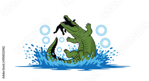 Crocodile jumping and splashing in water with a silhouette in mouth