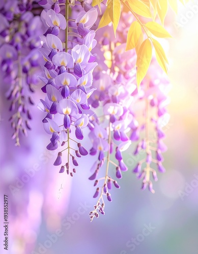 delicate wisteria flowers hanging from above,_soft spring sunlight