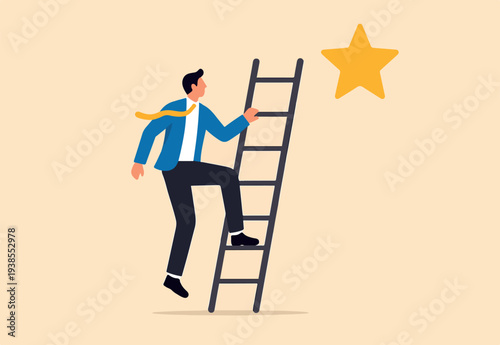 Success ladder to reach goal, achievement or opportunity, climb up ladder to get new hope, accomplishment or career development concept, businessman climb up ladder of success to reach star target