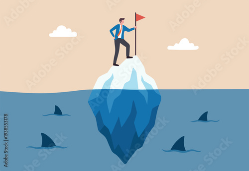 Success iceberg illusion, only success story visible, risk or failure hidden underwater, achievement or leadership concept, success businessman holding flag at peak of iceberg above hidden danger.
