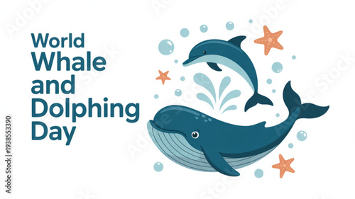Whales and dolphins swimming together on world whale and dolphin day with sea stars and bubbles