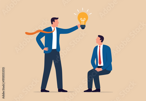 Mentor, advisor to motivate employee or inspiration, training or guidance help personal development to reach success, coaching concept, businessman mentor help employee to get new light bulb idea.