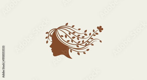 Woman Silhouette with Flowing Hair Decorated with Leaves and Flower