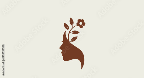 Silhouette of a woman's head with a blooming flower and leaves growing from it.