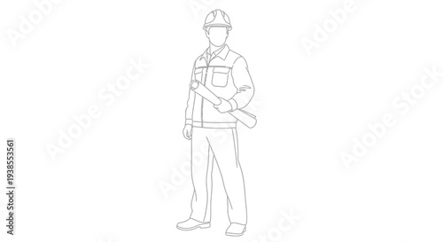 Line drawing of a construction worker holding a blueprint facing forward