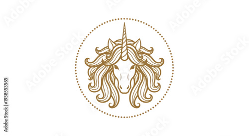 Golden Unicorn Head Emblem with Flowing Mane and Dotted Circle