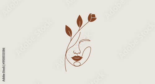Minimalist Line Art Woman Face with Flower and Leaves