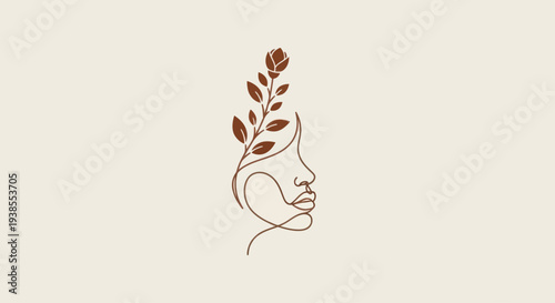 Elegant line art portrait of a woman's profile with blooming rose and leaves