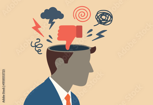  Negative thinking bad attitude cause of failure or fear, depression and sadness, emotional or mental problem, stress anxiety concept, human open head, thumb down, anger and chaos