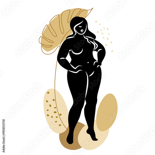 Silhouette of a slender naked woman and plant leaves. The girl is standing, she is overweight. The lady is full of beauty and sexuality. Vector illustration.