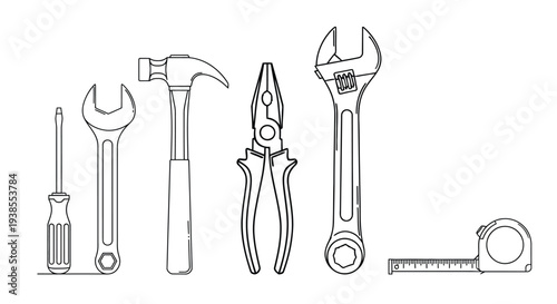 Line drawing of common hand tools including a hammer wrenches and screwdriver