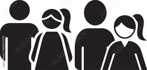 Simple icon illustration of a family group, two adults and two children, silhouette