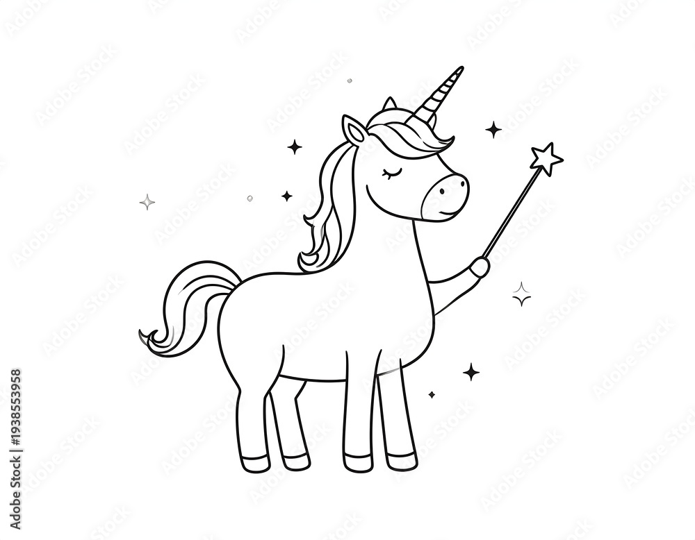 Fototapeta premium Unicorn outline holds star wand, surrounded by twinkling stars, on clean white backdrop