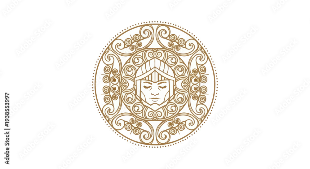 Obraz premium Golden Ornate Mandala with Warrior Face Emblem