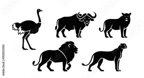 African Wildlife Silhouettes Set: Ostrich, Buffalo, Lion, Lioness, and Cheetah