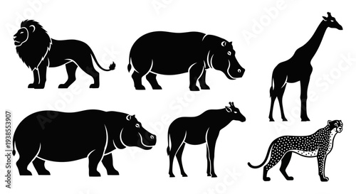 African Wildlife Silhouettes: Lion, Hippo, Giraffe, Cheetah - Safari Animal Collection