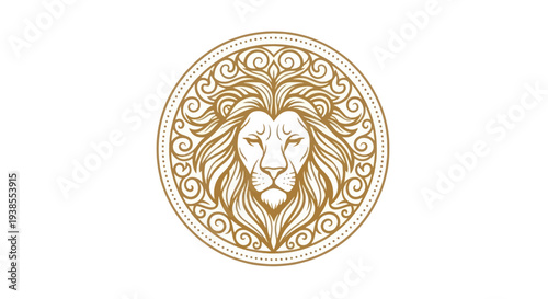 Elegant Lion Head Emblem with Ornate Scrollwork - Royal Gold Design