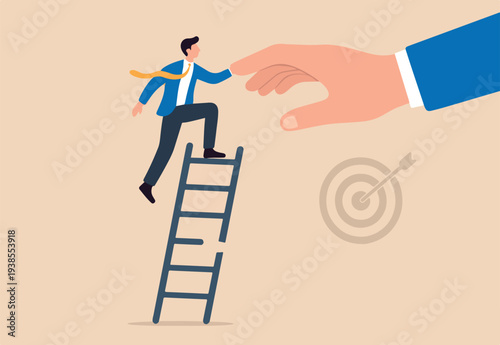Helping hand, business support to reach career target or help to climb up ladder of success concept, to top of broken ladder with huge helping hand to connect to reach higher.