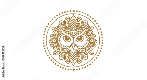 Golden Owl Mandala Logo with Ornate Details on White Background