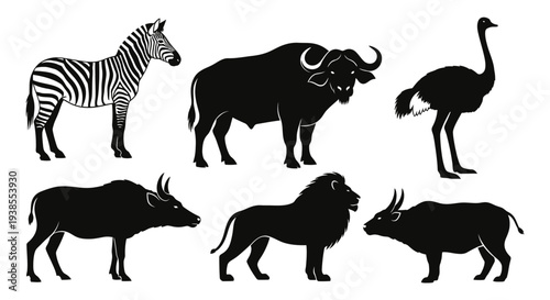 African Wildlife Silhouettes Set: Zebra, Buffalo, Ostrich, Wildebeest, Lion, Kudu Vector Icons