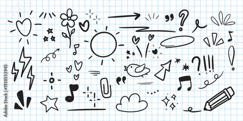 A collection of hand-drawn doodle elements and symbols on a grid paper background, featuring hearts, stars, sun, flowers, musical notes, arrows, and a pencil.