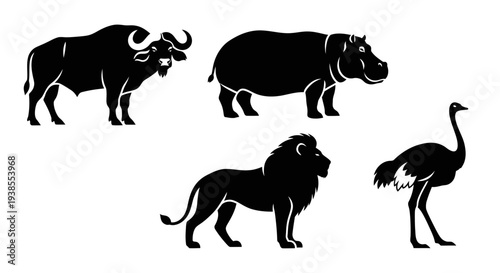 African Wildlife Silhouettes Vector Set: Buffalo, Hippo, Lion, Ostrich