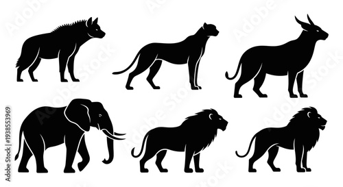 African Wildlife Silhouettes Vector Set: Lion, Elephant, Cheetah, Hyena, Antelope Icons