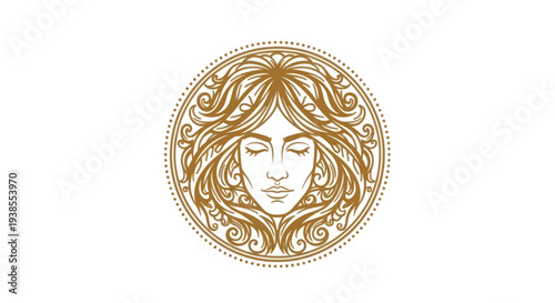 Stylized Medusa Head Logo with Ornate Hair and Closed Eyes