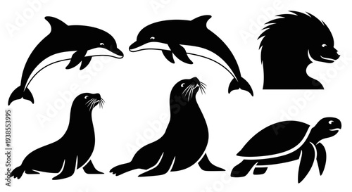 Animal Silhouettes Collection: Dolphin, Sea Lion, Turtle, and Hedgehog Vector Icons