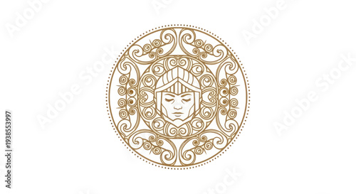 Golden Ornate Mandala with Warrior Face Emblem