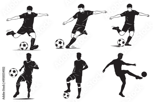 Soccer Player Silhouette Collection with Action Kicking Dribbling and Football Ball Illustrations