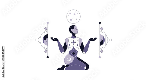 Woman meditating with moon and celestial symbols, cosmic spirituality
