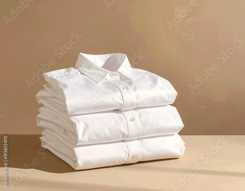 Stack of neatly folded crisp white dress shirts