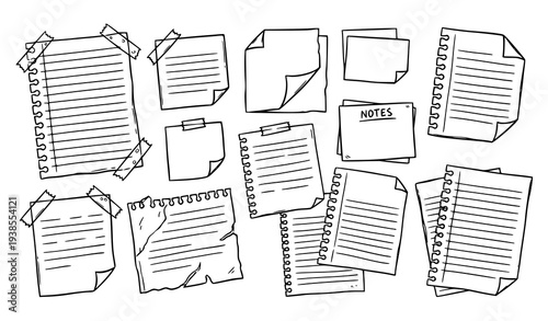 Notebook paper doodle collage with sticky tape and hand drawn memo sheets vector illustration